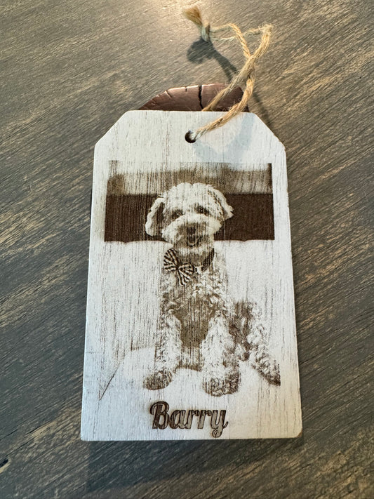 Wood photo ornament engraved with a dog named Barry