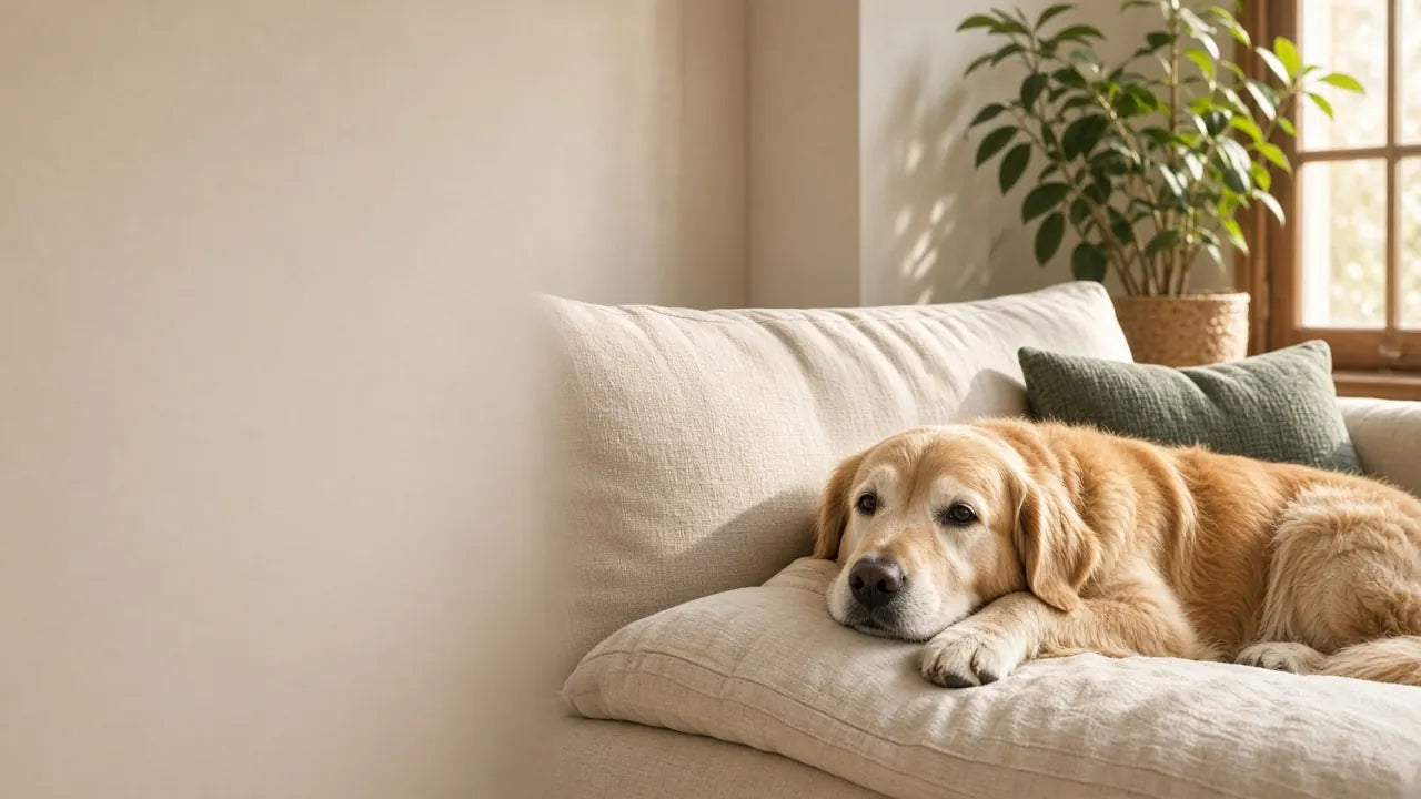 A golden retriever resting on a cream sofa beside a sunny window